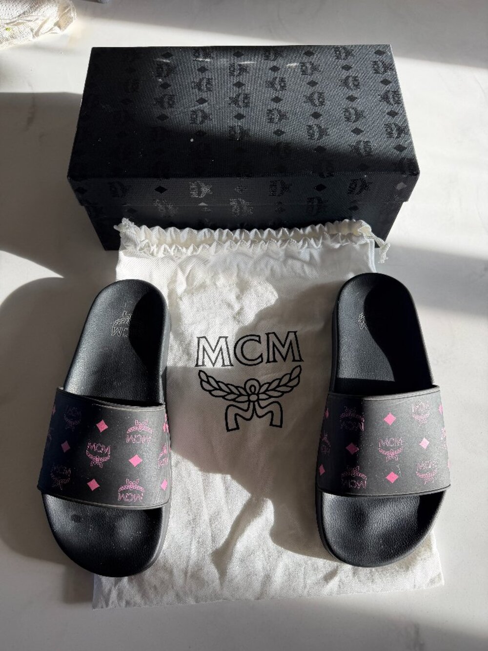 MCM Black Pink Monogram Print Rubber Slides Sandals Great Used Condition w/ Box - Picture 1 of 12